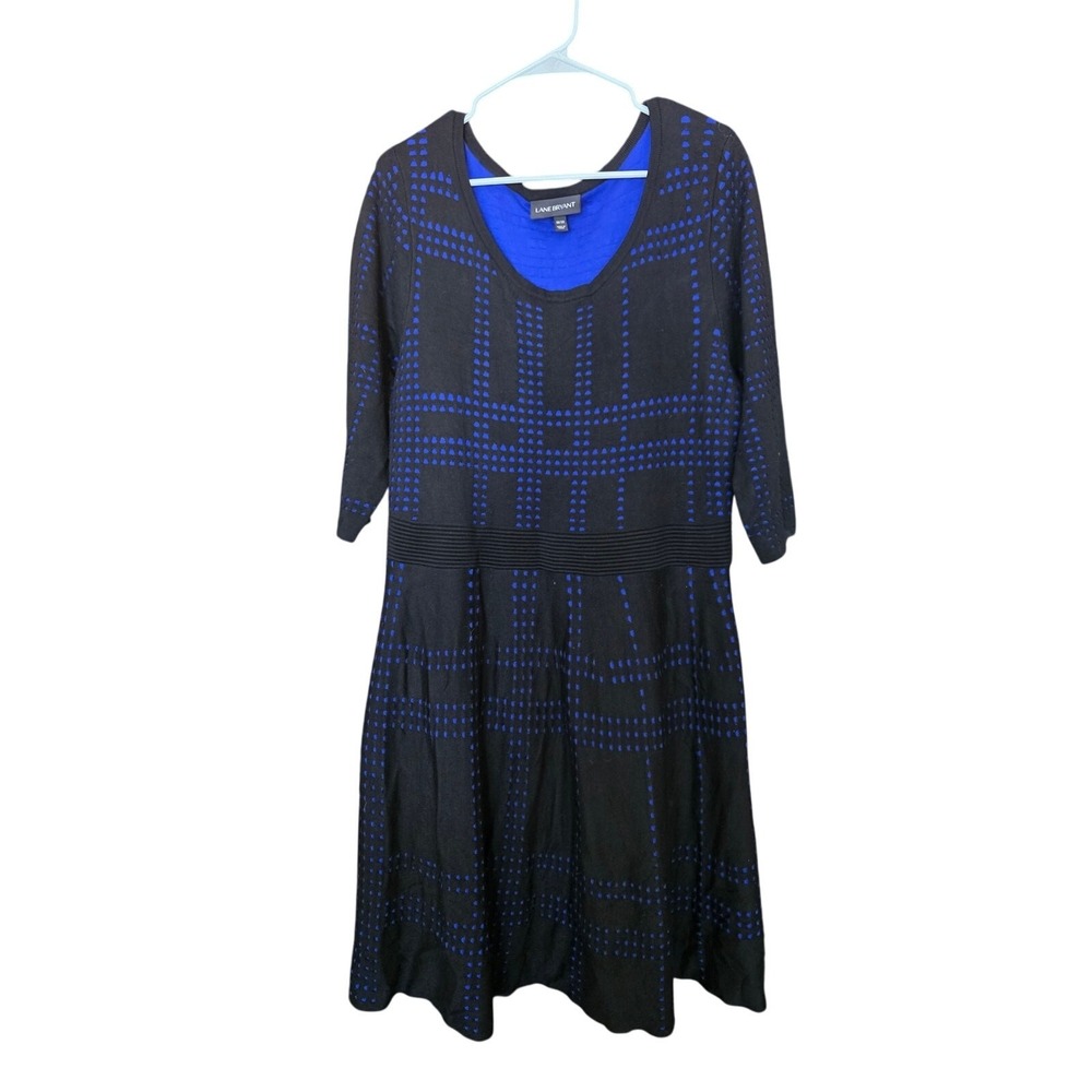 Lane Bryant 3/4 Sleeve Midi Dress 18/20 Womens Plus Size Black Blue Scoop Neck